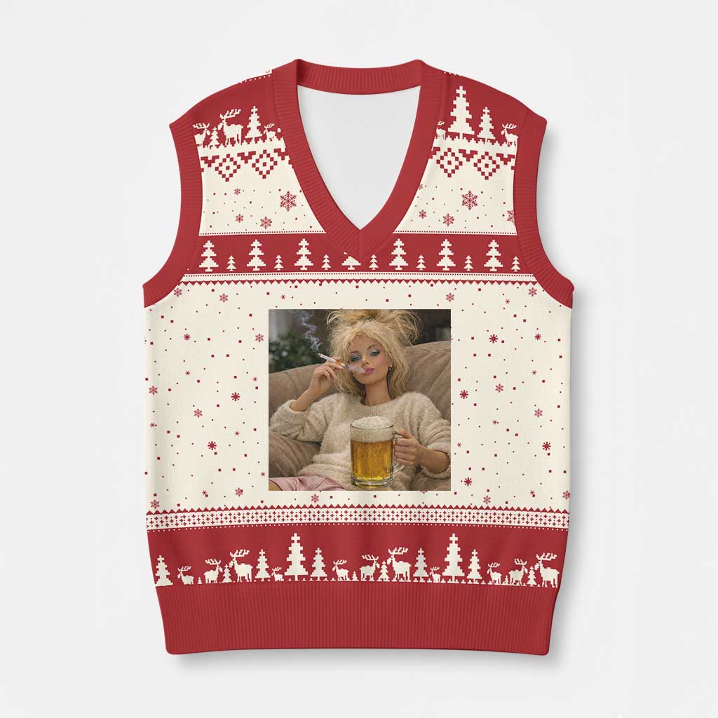 Funny Smoking And Drinking Doll Meme V-Neck Knit Sweater Vest Weekend Relaxation TS12 Beige Red Print Your Wear