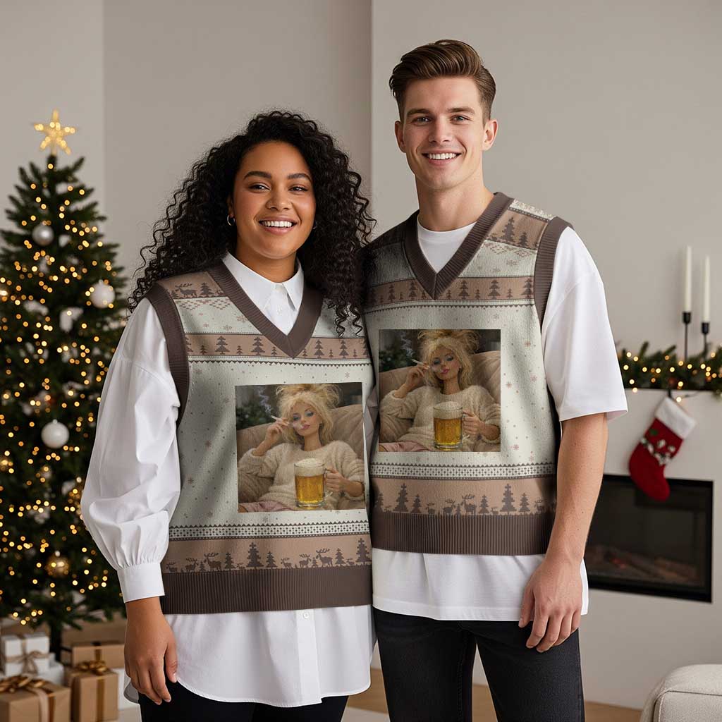 Funny Smoking And Drinking Doll Meme V-Neck Knit Sweater Vest Weekend Relaxation TS12 Mocha Mousse Print Your Wear