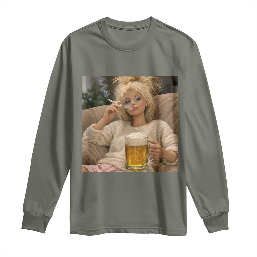 Funny Smoking And Drinking Doll Meme Long Sleeve Shirt Weekend Relaxation TS12 Military Green Print Your Wear