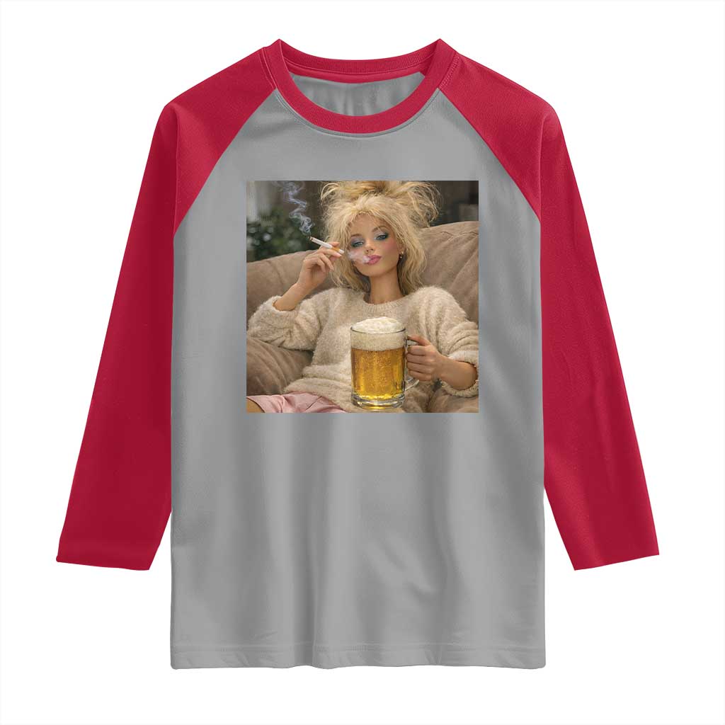 Funny Smoking And Drinking Doll Meme Raglan Shirt Weekend Relaxation TS12 Sport Gray Red Print Your Wear