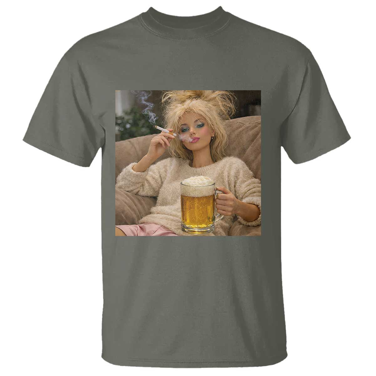 Funny Smoking And Drinking Doll Meme T Shirt Weekend Relaxation TS12 Military Green Print Your Wear
