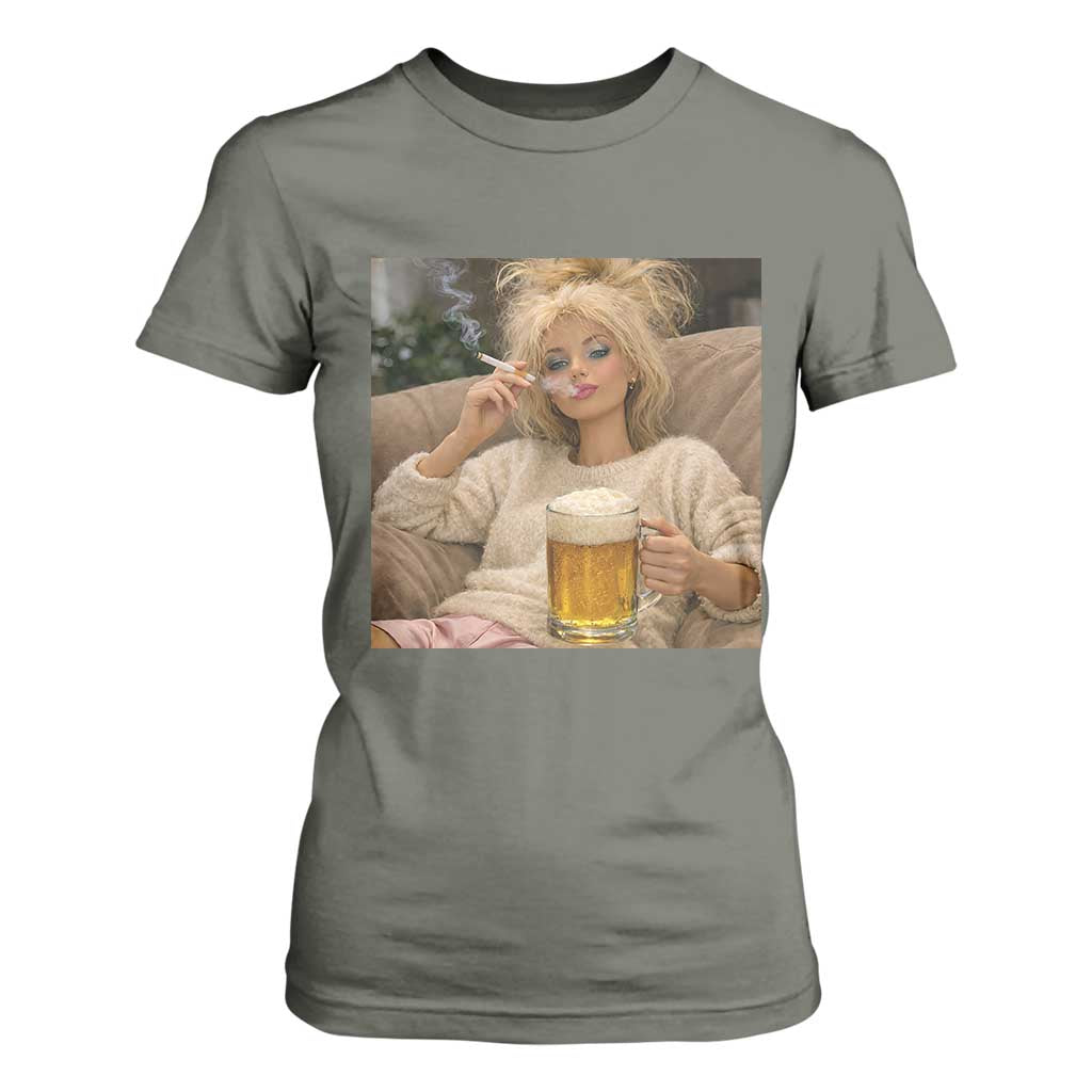 Funny Smoking And Drinking Doll Meme T Shirt For Women Weekend Relaxation TS12 Military Green Print Your Wear