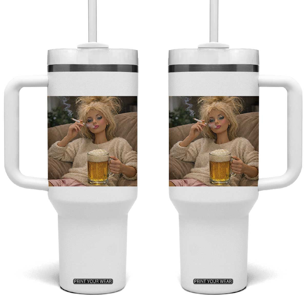 Funny Smoking And Drinking Doll Meme Tumbler With Handle Weekend Relaxation TS12 One Size: 40 oz White Print Your Wear