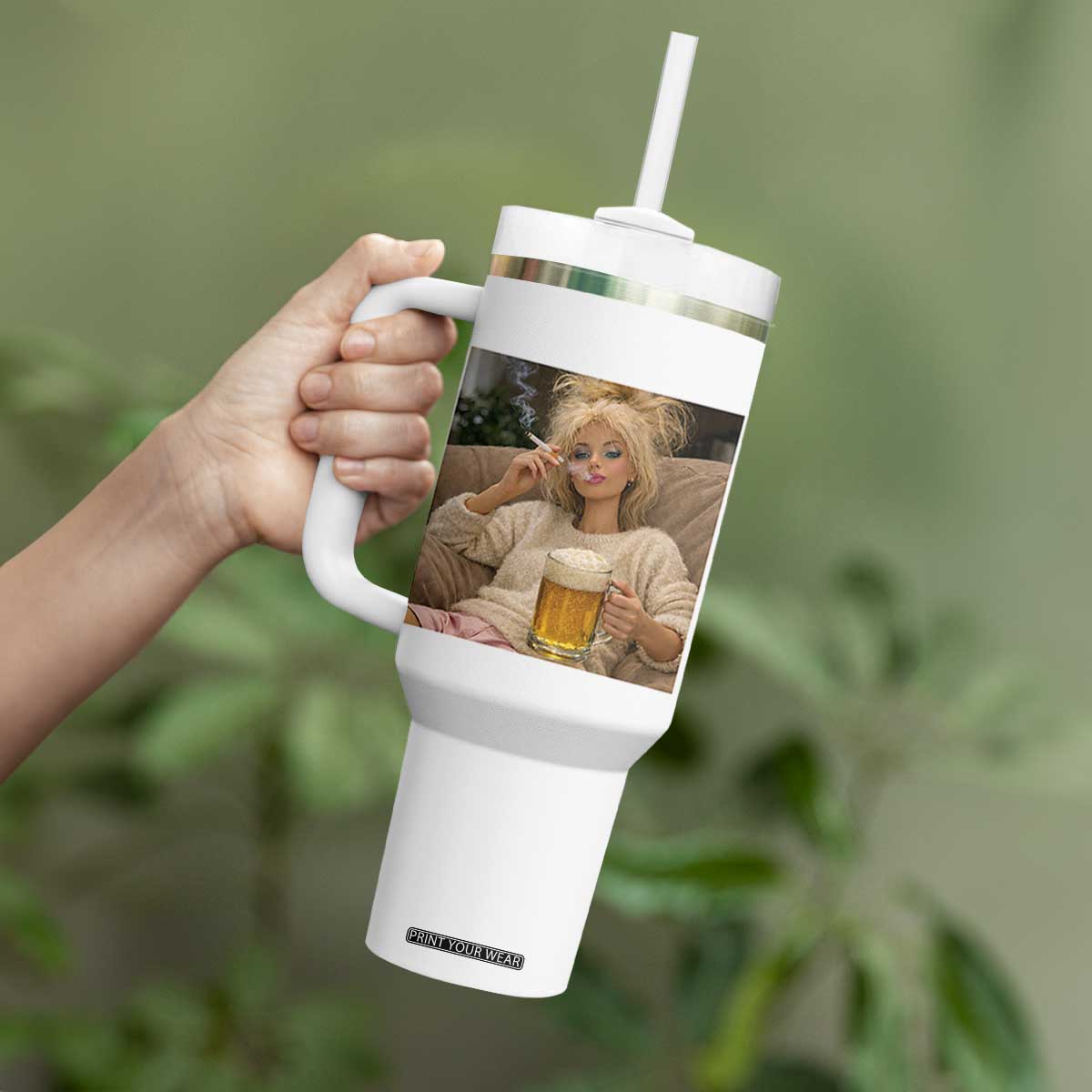 Funny Smoking And Drinking Doll Meme Tumbler With Handle Weekend Relaxation TS12 Print Your Wear