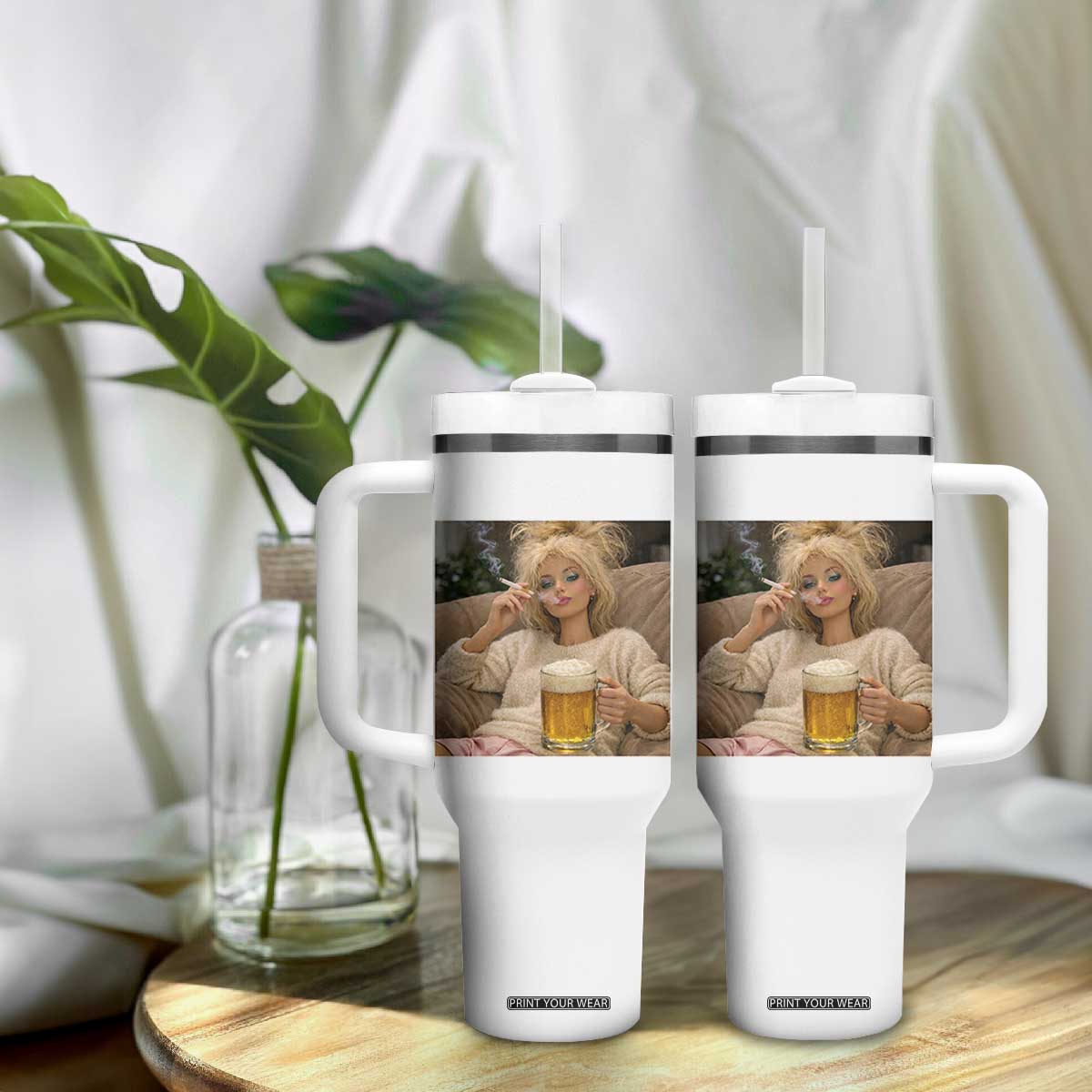Funny Smoking And Drinking Doll Meme Tumbler With Handle Weekend Relaxation TS12 Print Your Wear