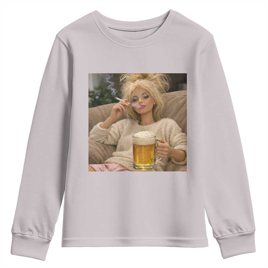 Funny Smoking And Drinking Doll Meme Youth Sweatshirt Weekend Relaxation TS12 Ice Gray Print Your Wear