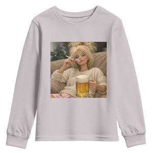 Funny Smoking And Drinking Doll Meme Youth Sweatshirt Weekend Relaxation TS12 Ice Gray Print Your Wear