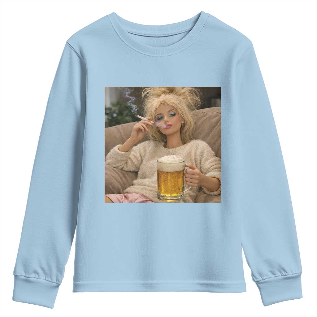 Funny Smoking And Drinking Doll Meme Youth Sweatshirt Weekend Relaxation TS12 Light Blue Print Your Wear