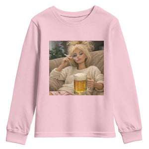 Funny Smoking And Drinking Doll Meme Youth Sweatshirt Weekend Relaxation TS12 Light Pink Print Your Wear