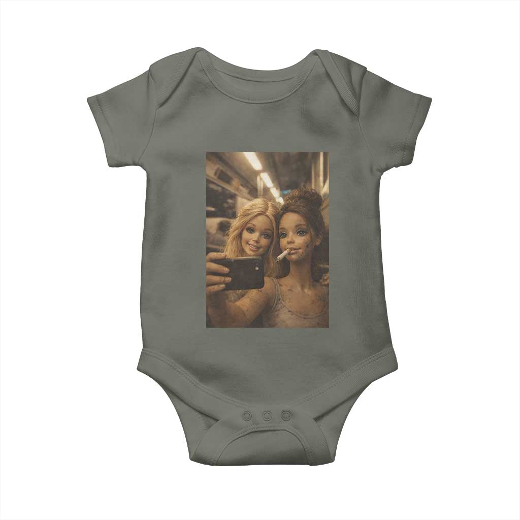 Funny Selfie Doll Meme Baby Onesie Aesthetic Doll Face Graphic TS12 Military Green Print Your Wear