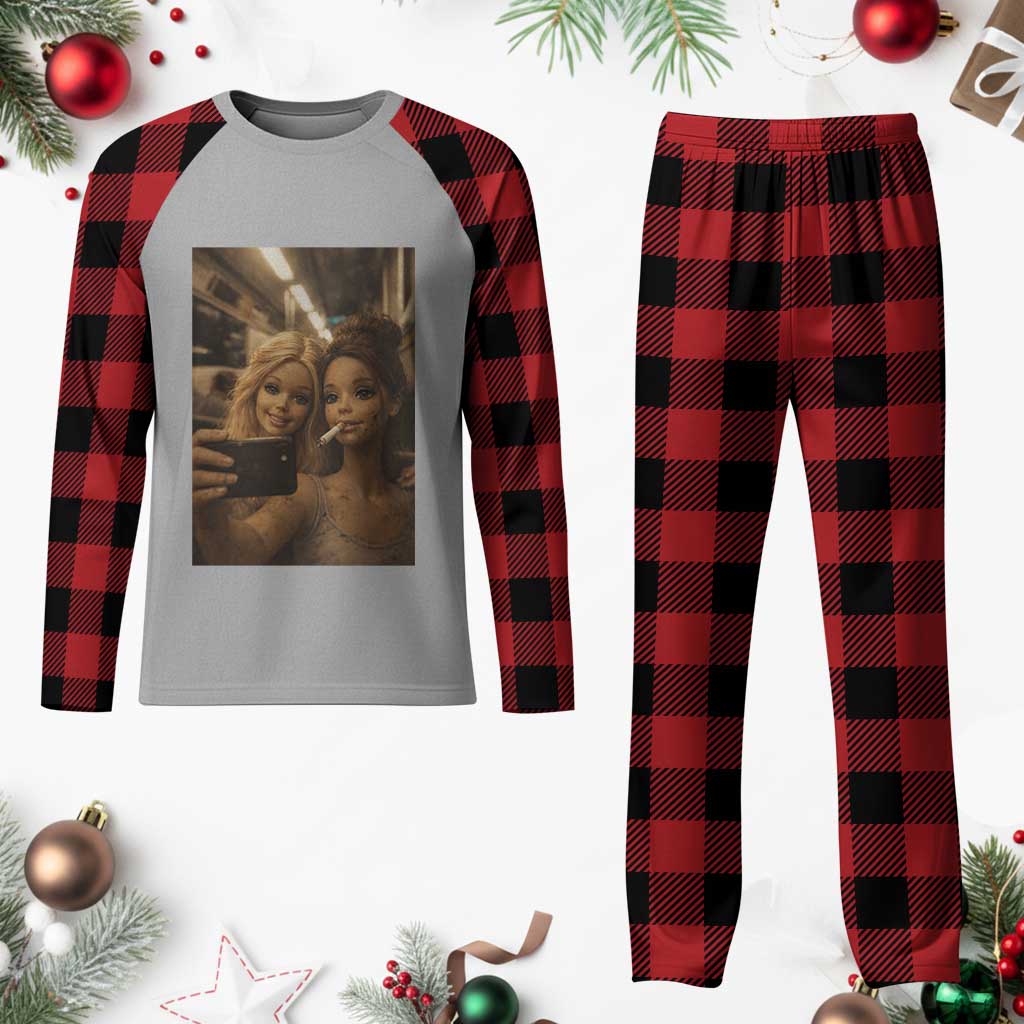 Funny Selfie Doll Meme Plaid Pajama Set Aesthetic Doll Face Graphic TS12 Buffalo Plaid Print Your Wear