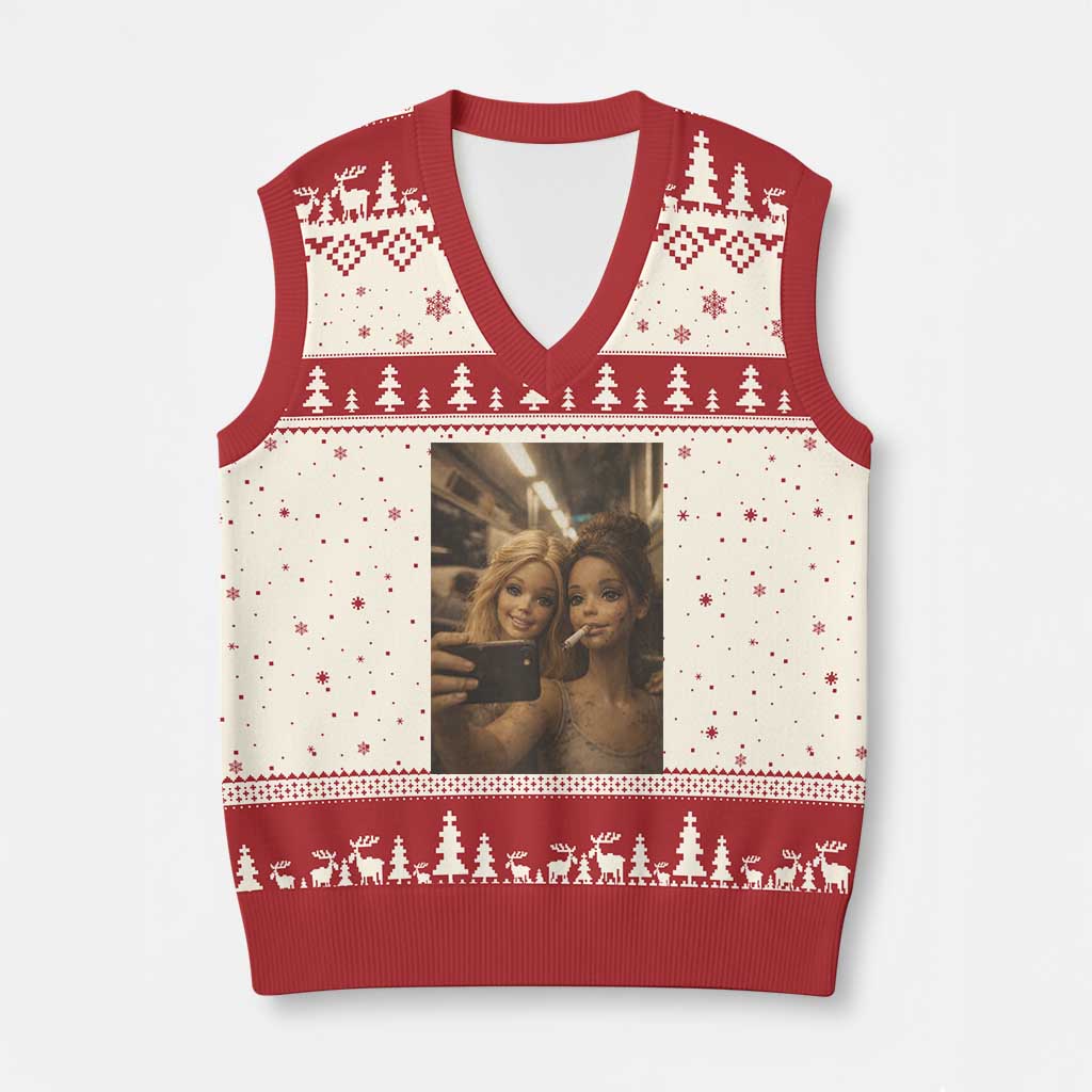 Funny Selfie Doll Meme V-Neck Knit Sweater Vest Aesthetic Doll Face Graphic TS12 Beige Red Print Your Wear