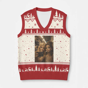 Funny Selfie Doll Meme V-Neck Knit Sweater Vest Aesthetic Doll Face Graphic TS12 Beige Red Print Your Wear