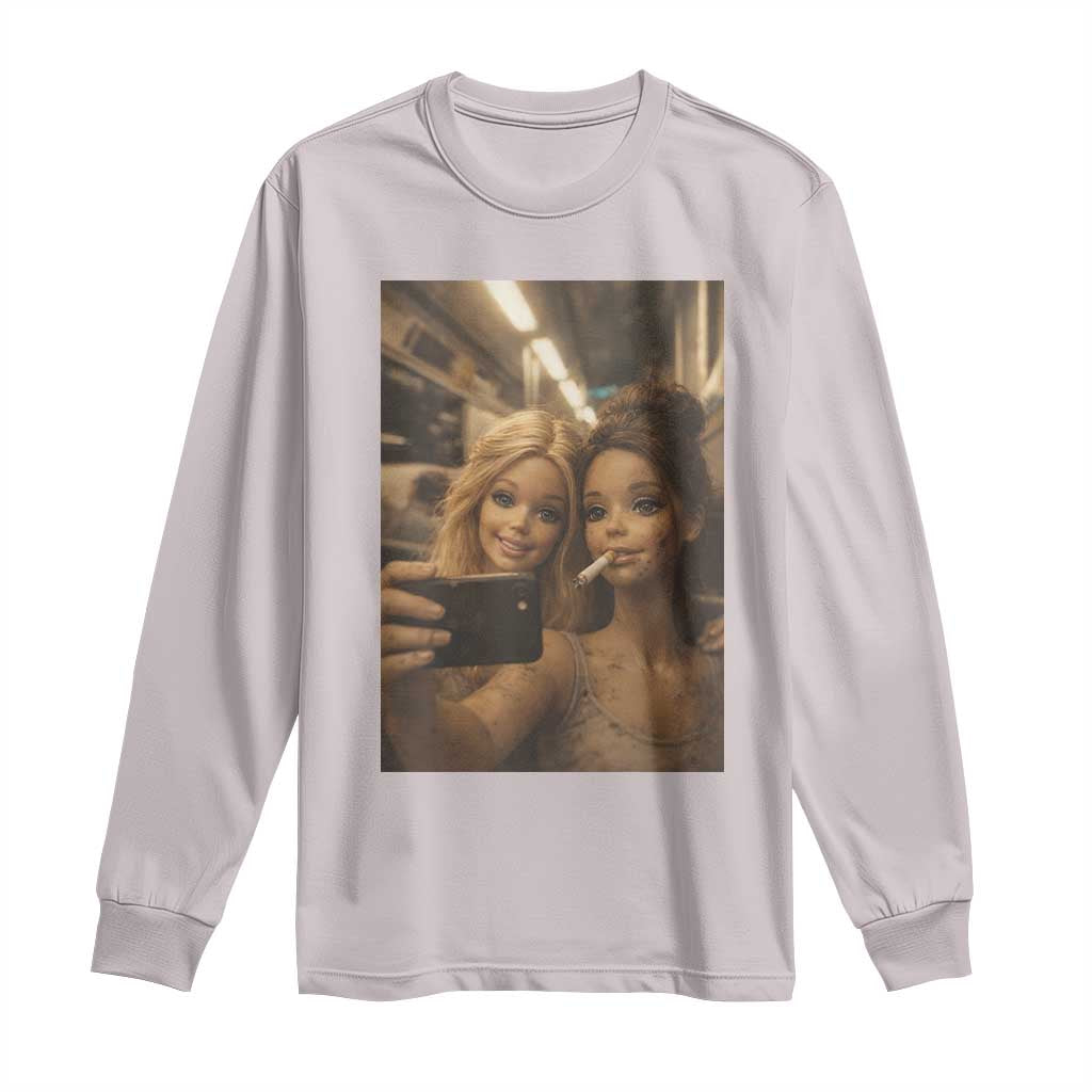 Funny Selfie Doll Meme Long Sleeve Shirt Aesthetic Doll Face Graphic TS12 Ice Gray Print Your Wear