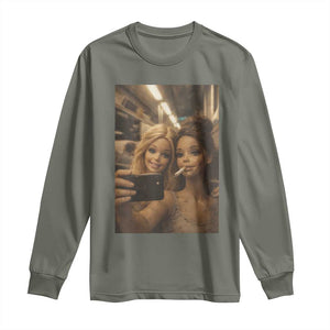Funny Selfie Doll Meme Long Sleeve Shirt Aesthetic Doll Face Graphic TS12 Military Green Print Your Wear
