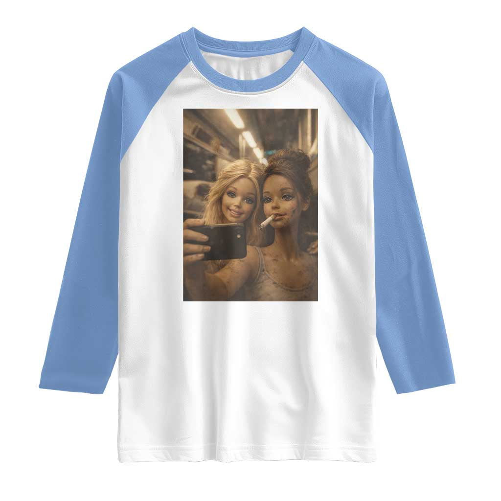 Funny Selfie Doll Meme Raglan Shirt Aesthetic Doll Face Graphic TS12 White Carolina Blue Print Your Wear