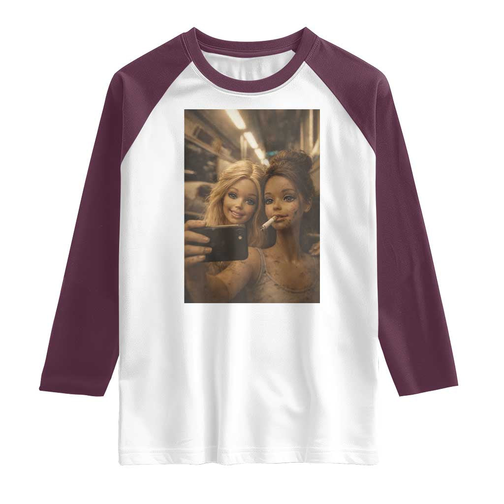 Funny Selfie Doll Meme Raglan Shirt Aesthetic Doll Face Graphic TS12 White Maroon Print Your Wear