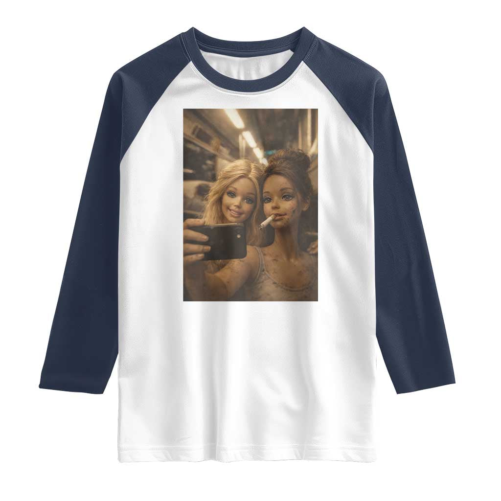 Funny Selfie Doll Meme Raglan Shirt Aesthetic Doll Face Graphic TS12 White Navy Print Your Wear