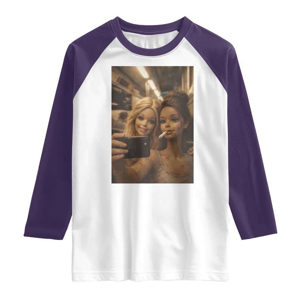 Funny Selfie Doll Meme Raglan Shirt Aesthetic Doll Face Graphic TS12 White Purple Print Your Wear