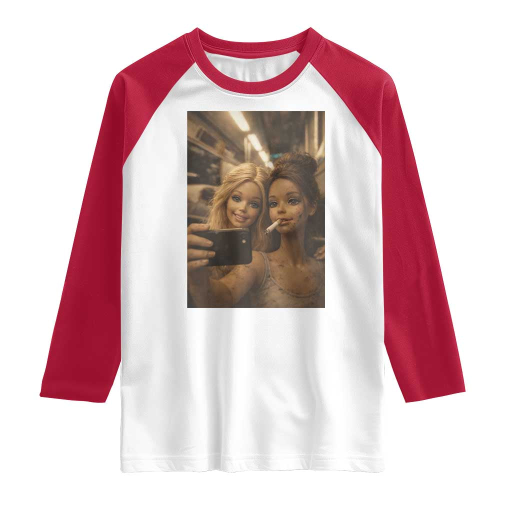Funny Selfie Doll Meme Raglan Shirt Aesthetic Doll Face Graphic TS12 White Red Print Your Wear