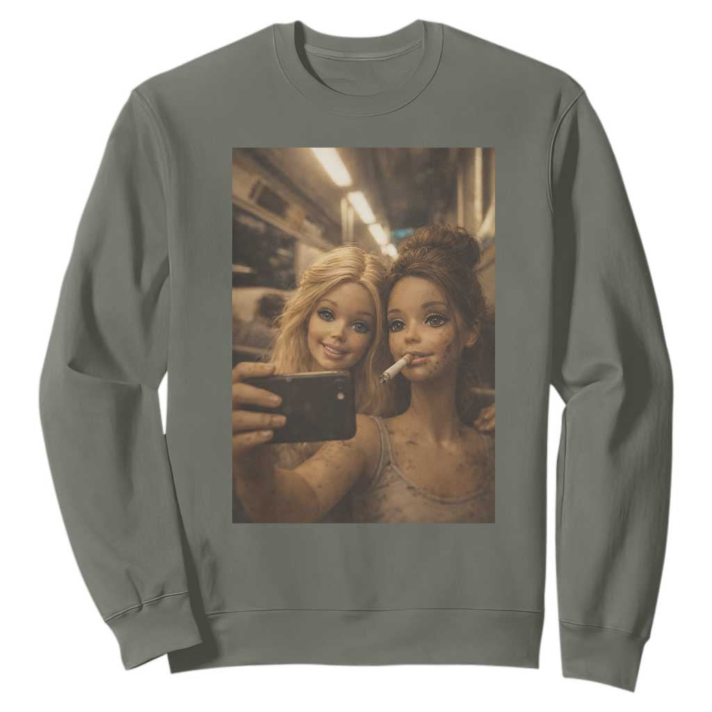 Funny Selfie Doll Meme Sweatshirt Aesthetic Doll Face Graphic TS12 Military Green Print Your Wear