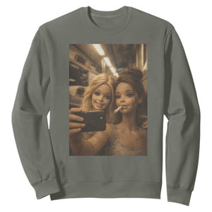 Funny Selfie Doll Meme Sweatshirt Aesthetic Doll Face Graphic TS12 Military Green Print Your Wear