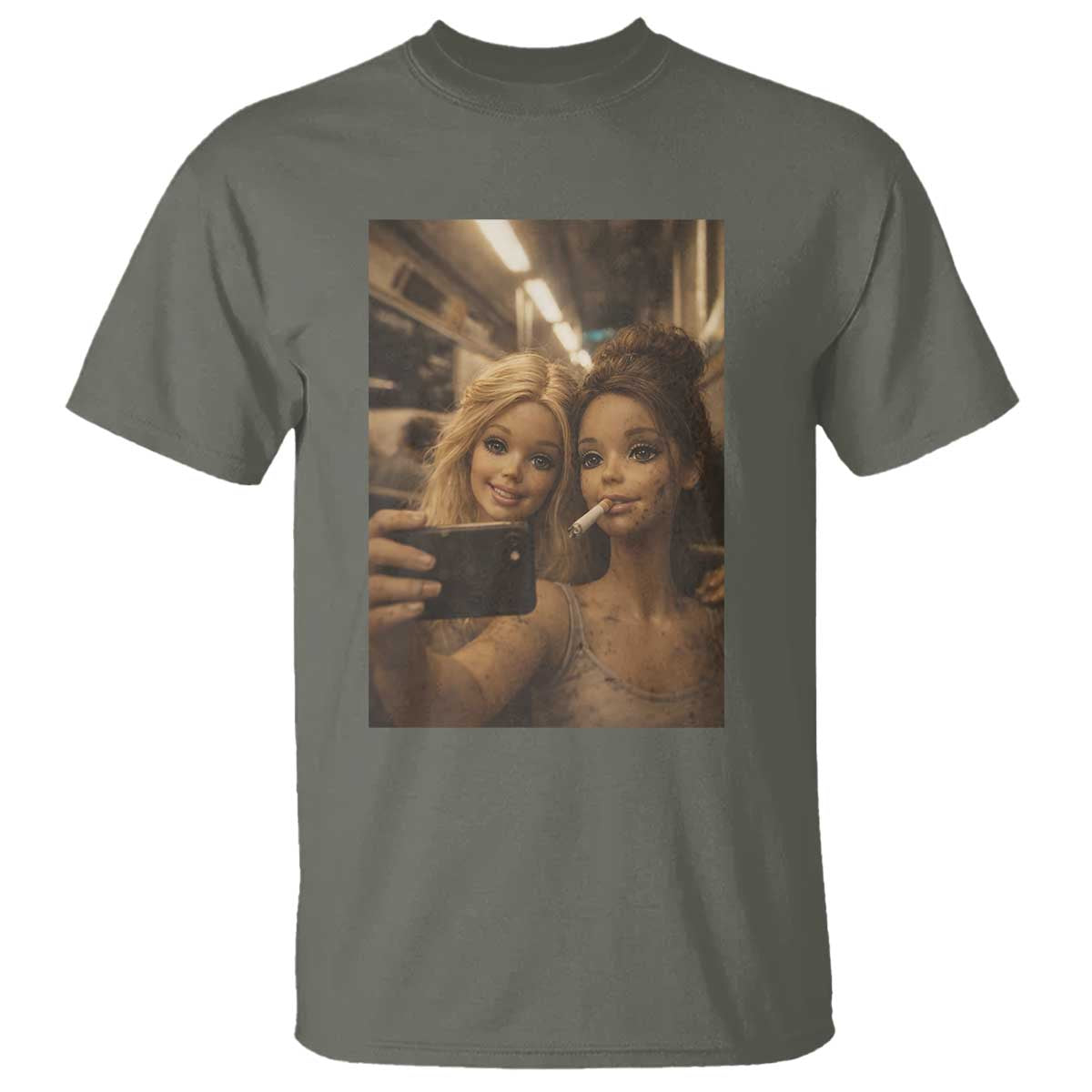 Funny Selfie Doll Meme T Shirt Aesthetic Doll Face Graphic TS12 Military Green Print Your Wear