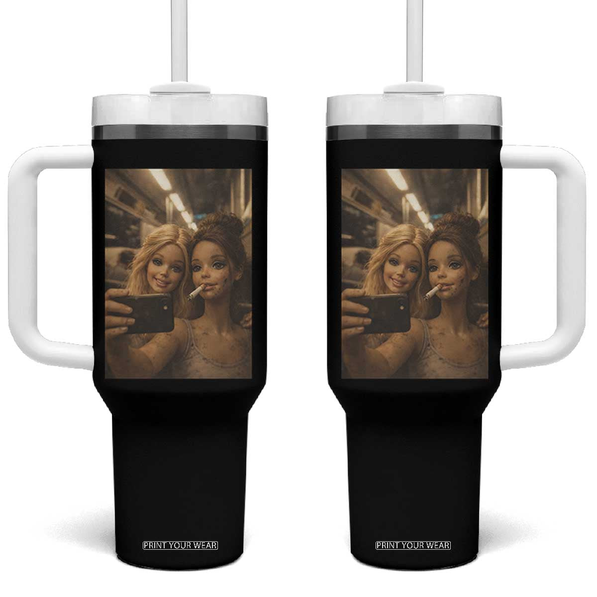 Funny Selfie Doll Meme Tumbler With Handle Aesthetic Doll Face Graphic TS12 One Size: 40 oz Black Print Your Wear