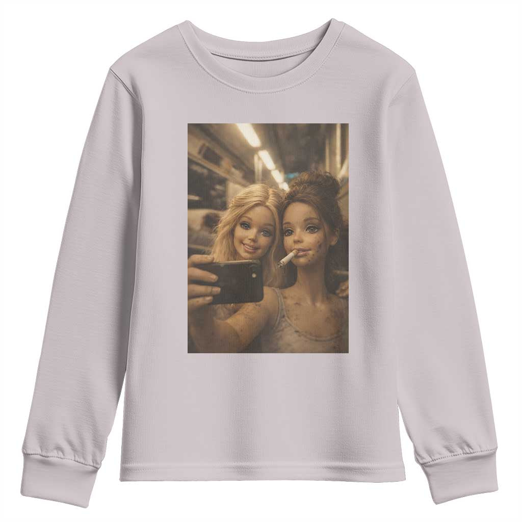 Funny Selfie Doll Meme Youth Sweatshirt Aesthetic Doll Face Graphic TS12 Ice Gray Print Your Wear