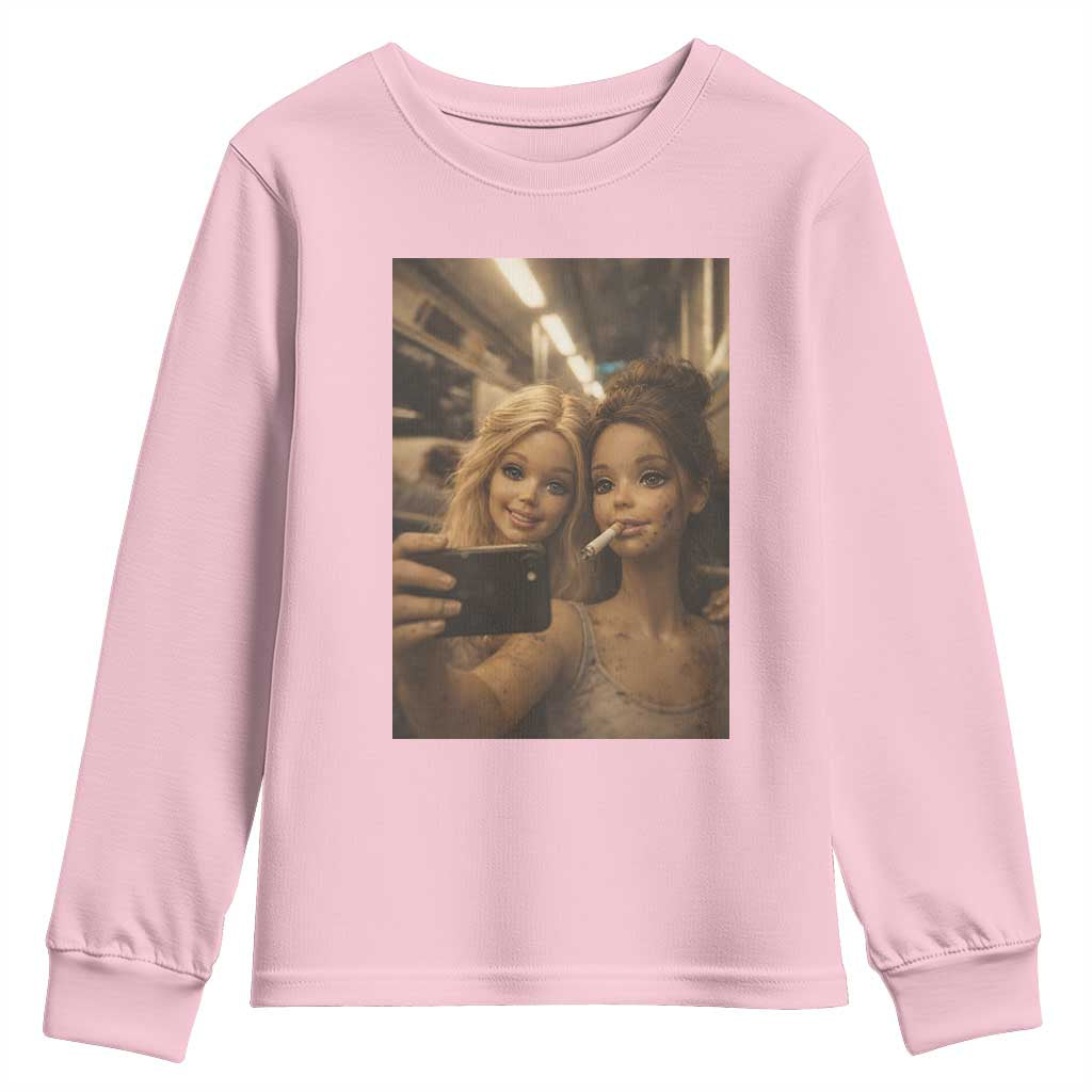 Funny Selfie Doll Meme Youth Sweatshirt Aesthetic Doll Face Graphic TS12 Light Pink Print Your Wear