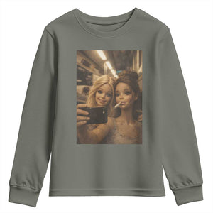 Funny Selfie Doll Meme Youth Sweatshirt Aesthetic Doll Face Graphic TS12 Military Green Print Your Wear