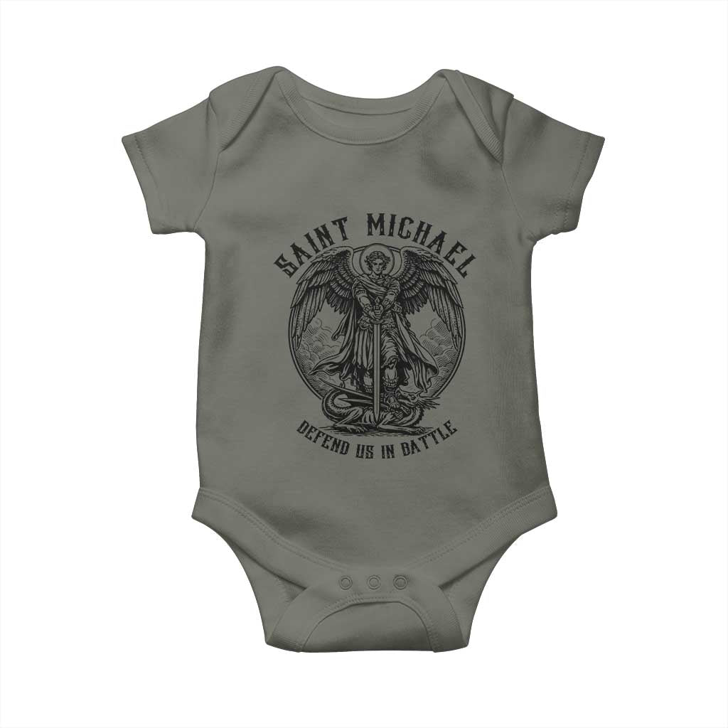 Saint Michael Heavenly Warrior Baby Onesie Defend Us In Battle TS12 Military Green Print Your Wear