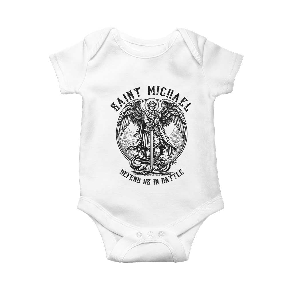 Saint Michael Heavenly Warrior Baby Onesie Defend Us In Battle TS12 White Print Your Wear