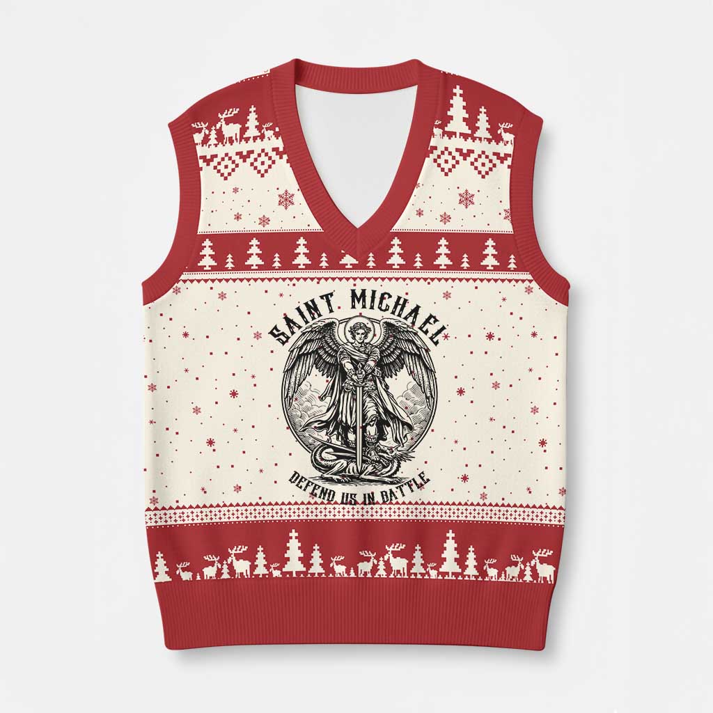 Saint Michael Heavenly Warrior V-Neck Knit Sweater Vest Defend Us In Battle TS12 Beige Red Print Your Wear