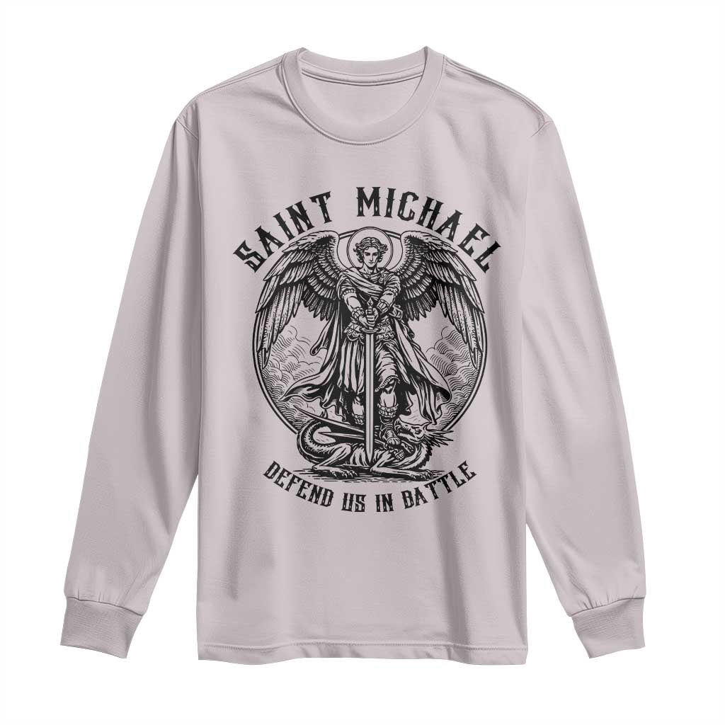 Saint Michael Heavenly Warrior Long Sleeve Shirt Defend Us In Battle TS12 Ice Gray Print Your Wear