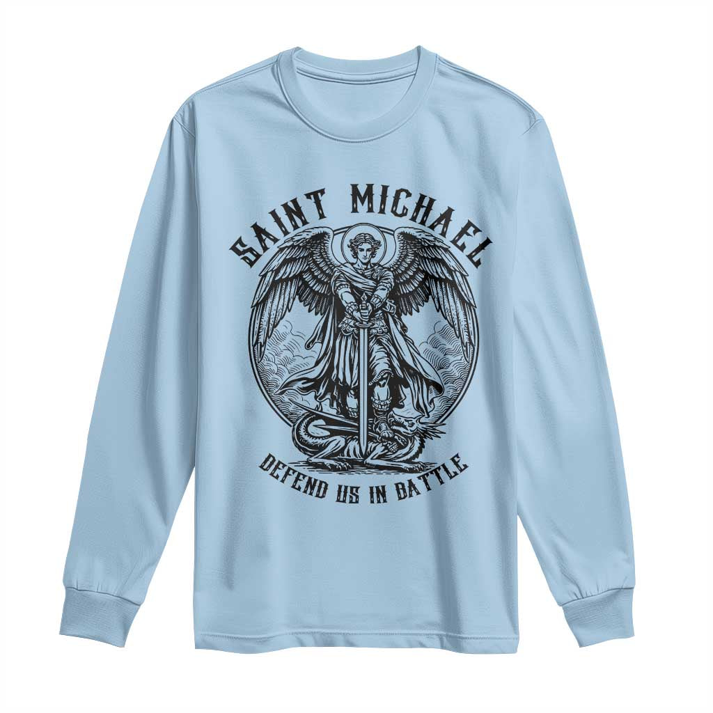 Saint Michael Heavenly Warrior Long Sleeve Shirt Defend Us In Battle TS12 Light Blue Print Your Wear