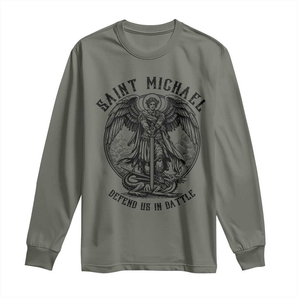 Saint Michael Heavenly Warrior Long Sleeve Shirt Defend Us In Battle TS12 Military Green Print Your Wear