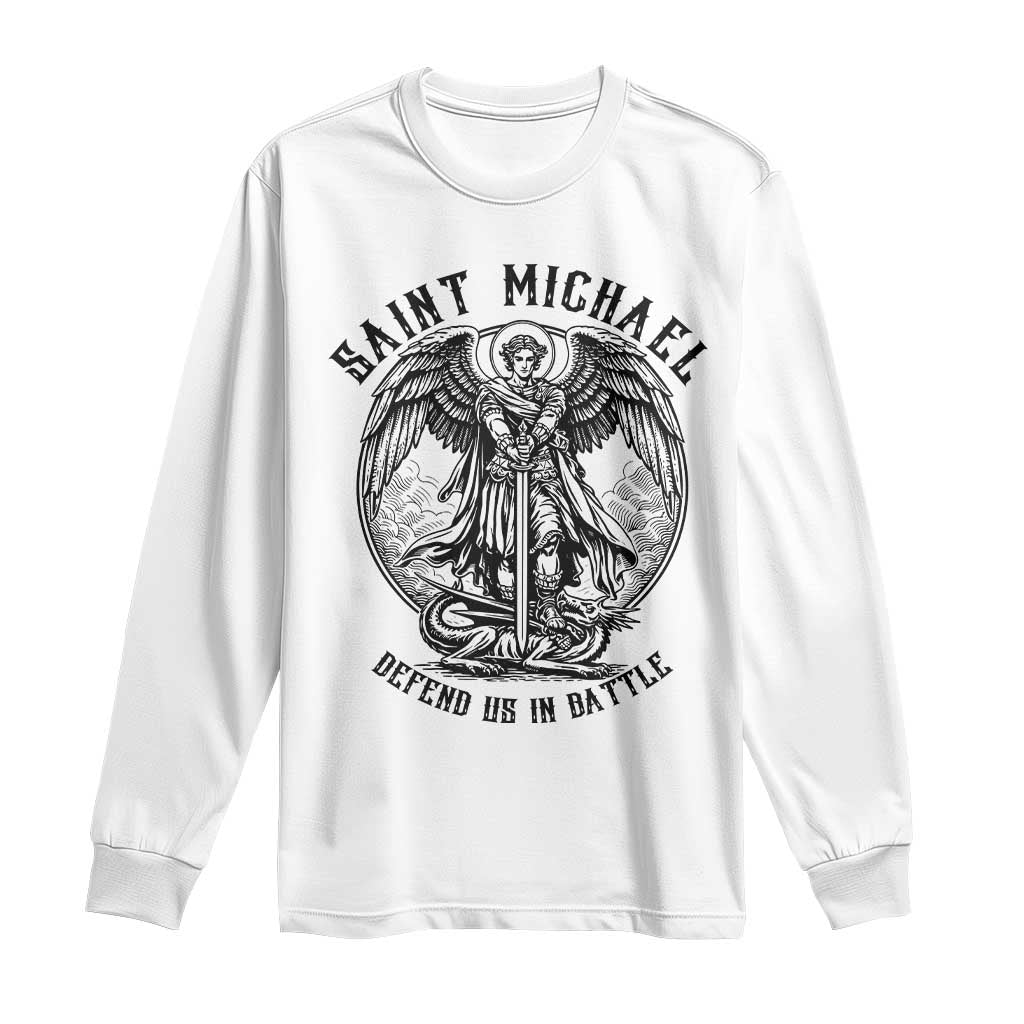 Saint Michael Heavenly Warrior Long Sleeve Shirt Defend Us In Battle TS12 White Print Your Wear