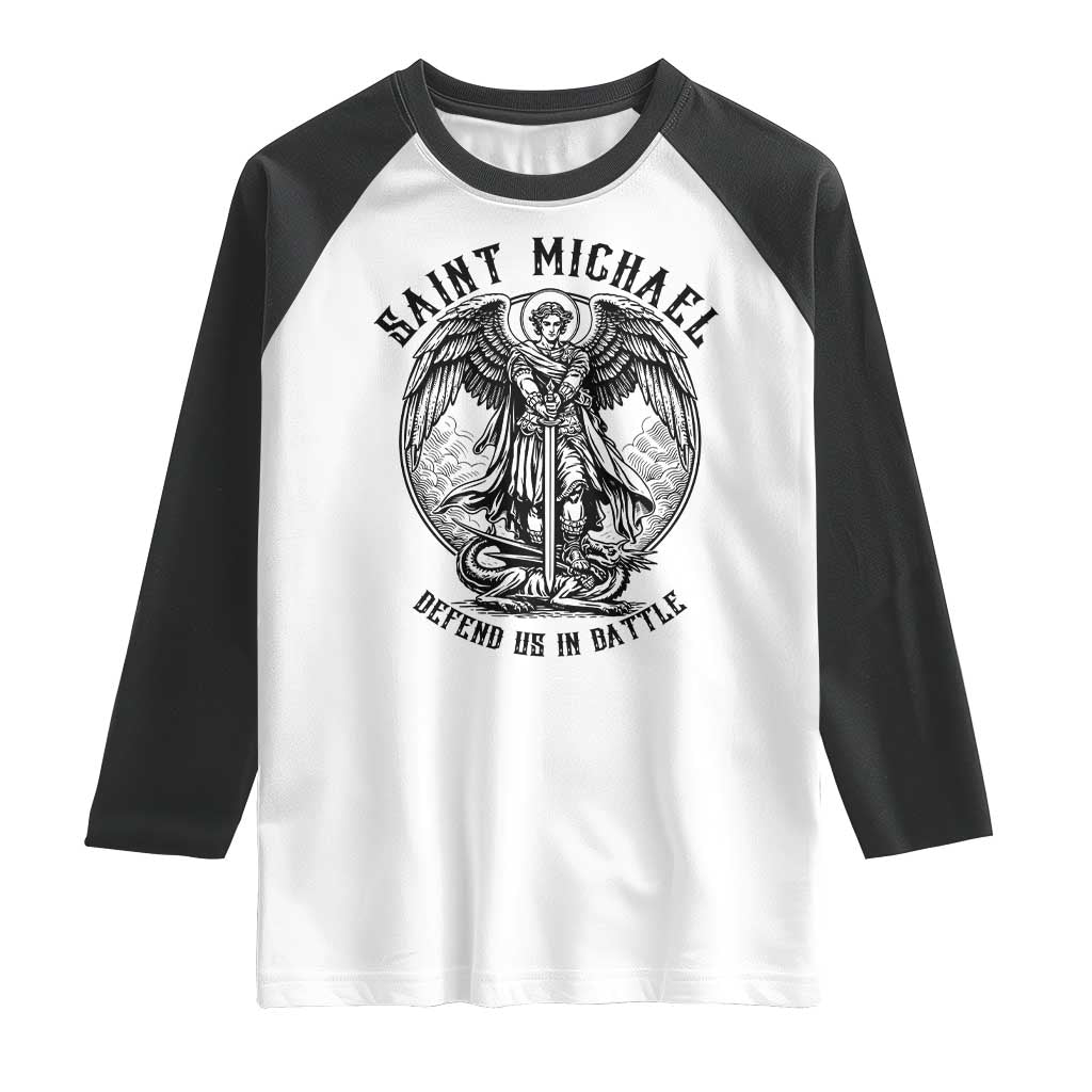Saint Michael Heavenly Warrior Raglan Shirt Defend Us In Battle TS12 White Black Print Your Wear