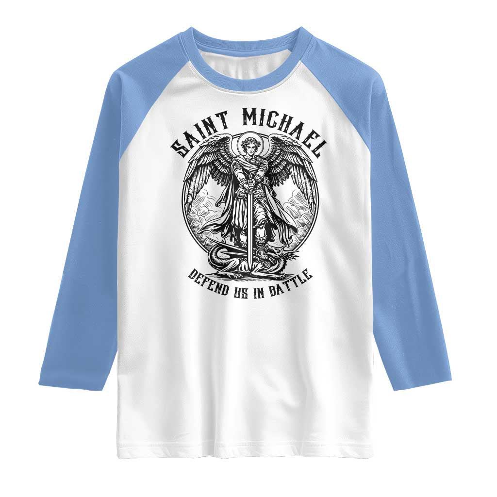 Saint Michael Heavenly Warrior Raglan Shirt Defend Us In Battle TS12 White Carolina Blue Print Your Wear