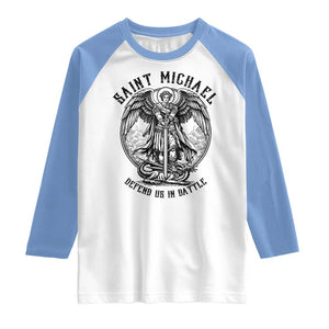 Saint Michael Heavenly Warrior Raglan Shirt Defend Us In Battle TS12 White Carolina Blue Print Your Wear
