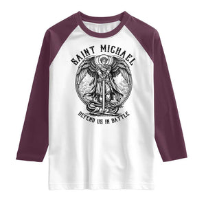 Saint Michael Heavenly Warrior Raglan Shirt Defend Us In Battle TS12 White Maroon Print Your Wear