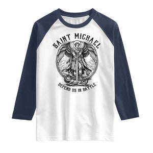 Saint Michael Heavenly Warrior Raglan Shirt Defend Us In Battle TS12 White Navy Print Your Wear