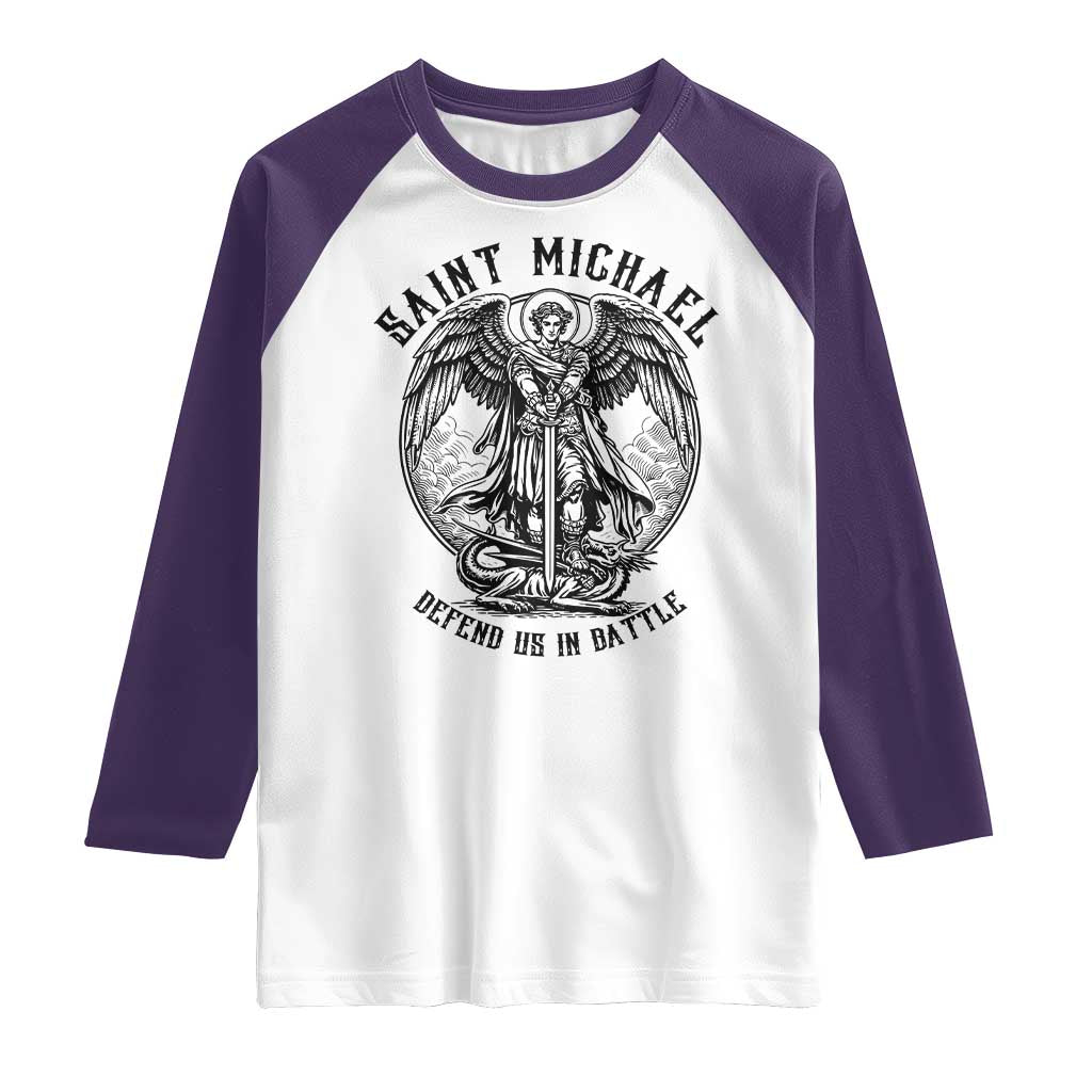 Saint Michael Heavenly Warrior Raglan Shirt Defend Us In Battle TS12 White Purple Print Your Wear