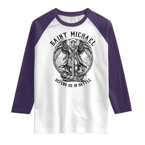 Saint Michael Heavenly Warrior Raglan Shirt Defend Us In Battle TS12 White Purple Print Your Wear