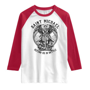 Saint Michael Heavenly Warrior Raglan Shirt Defend Us In Battle TS12 White Red Print Your Wear