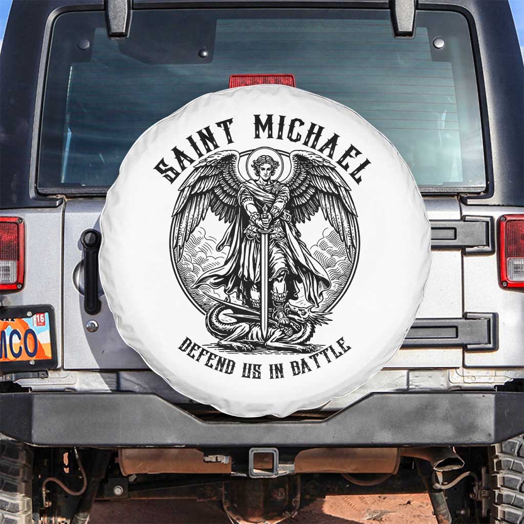 Saint Michael Heavenly Warrior Spare Tire Cover Defend Us In Battle TS12 No hole White Print Your Wear