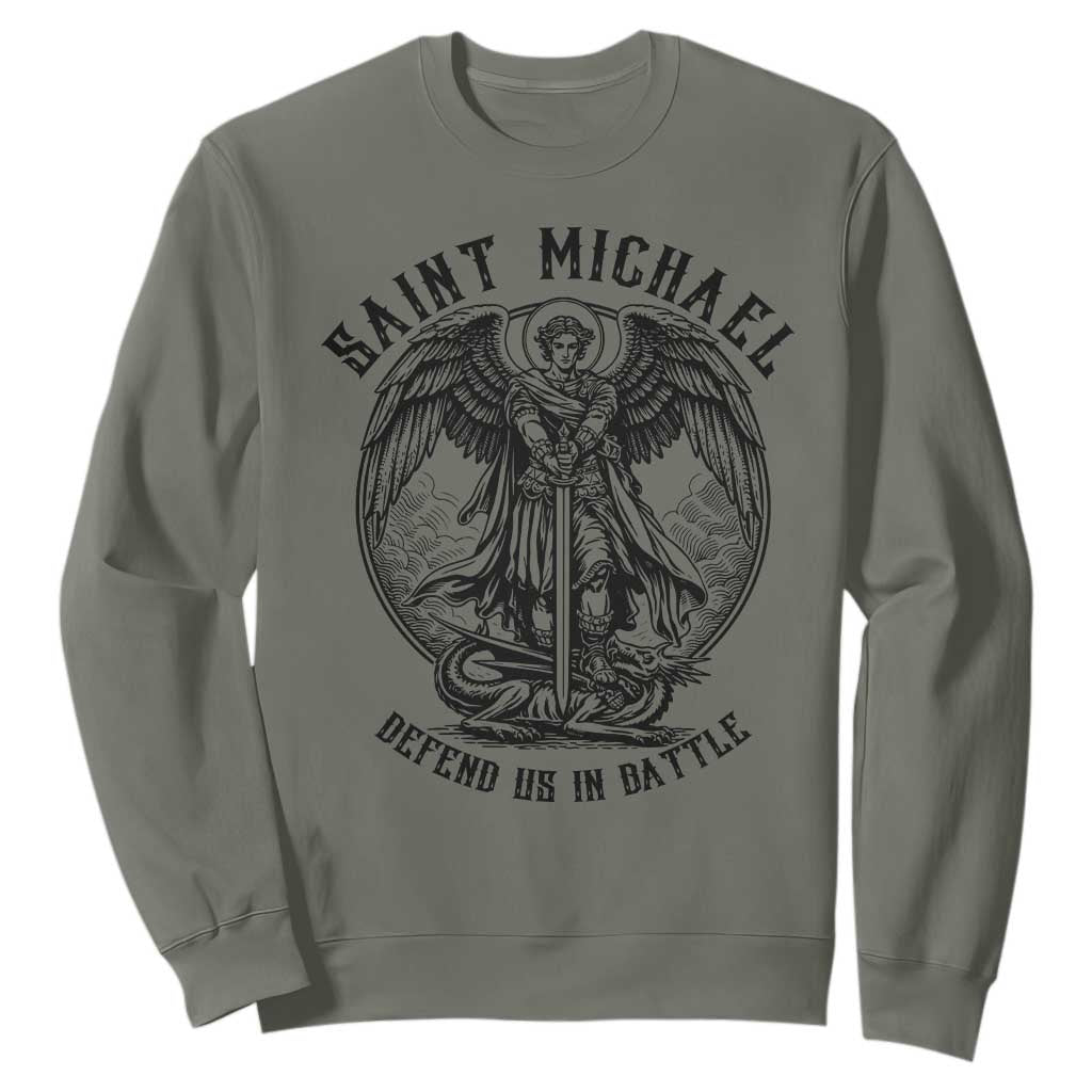 Saint Michael Heavenly Warrior Sweatshirt Defend Us In Battle TS12 Military Green Print Your Wear