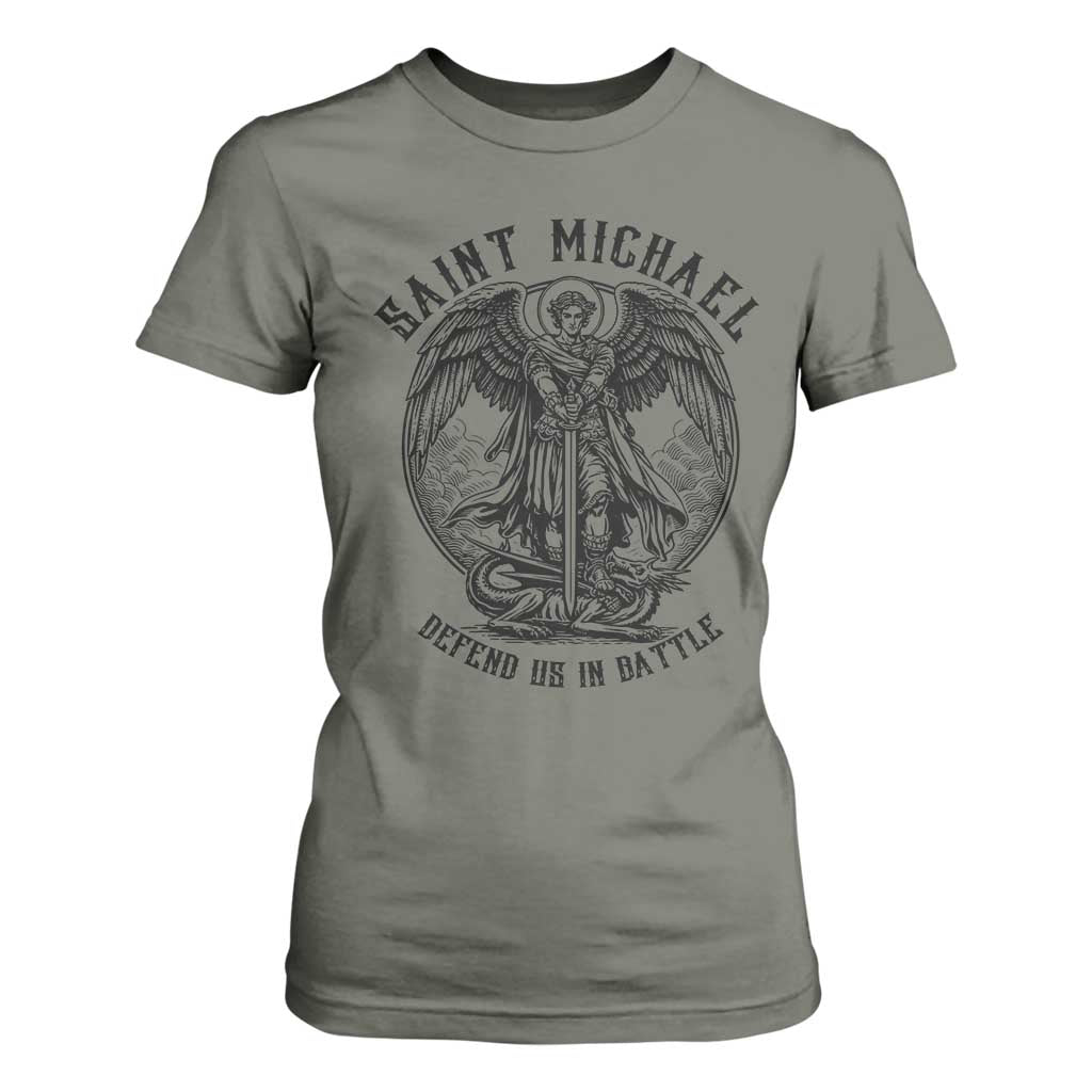 Saint Michael Heavenly Warrior T Shirt For Women Defend Us In Battle TS12 Military Green Print Your Wear