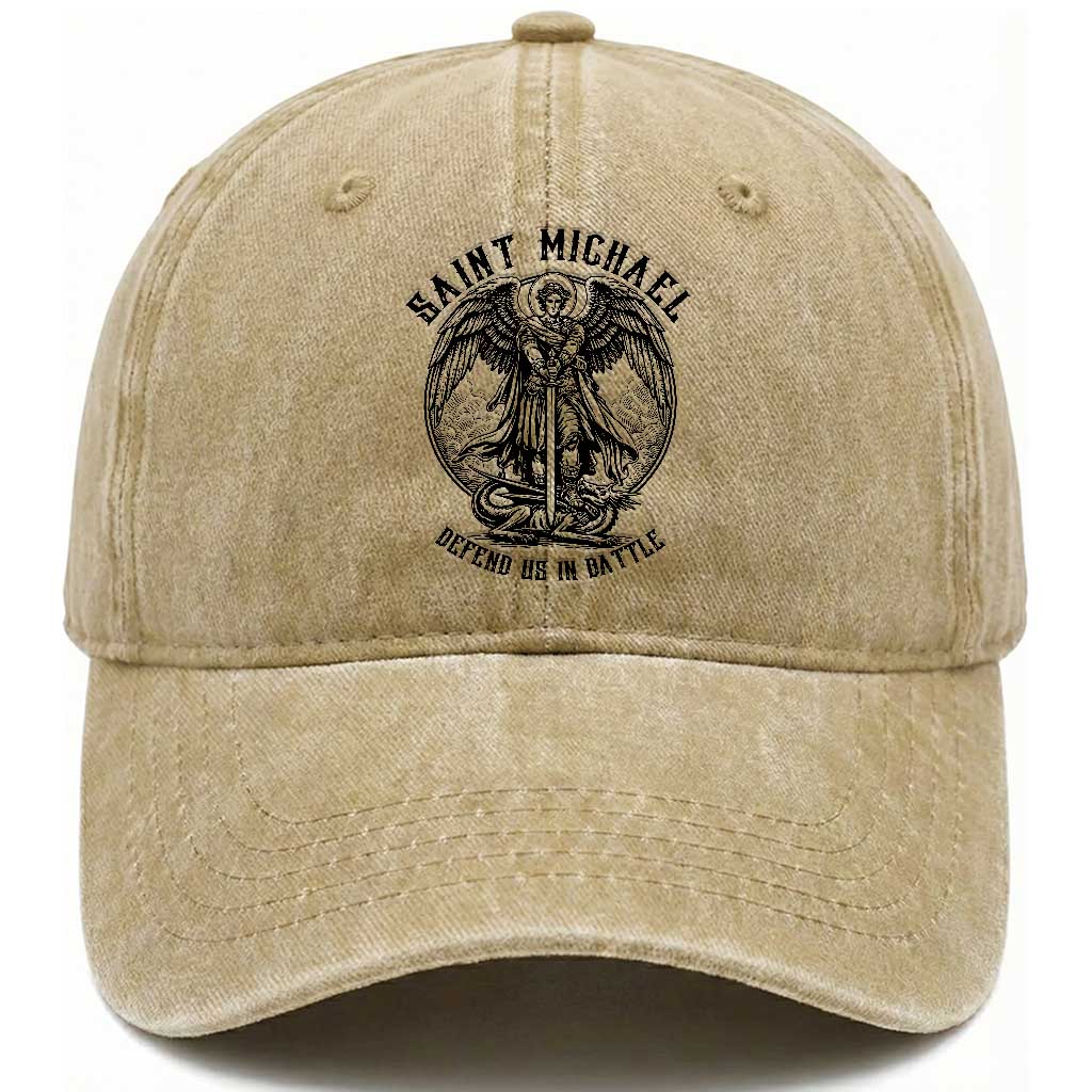 Saint Michael Heavenly Warrior Washed Cotton Baseball Cap - Defend Us In Battle TS12 Washed Cap Universal Fit Khaki Print Your Wear